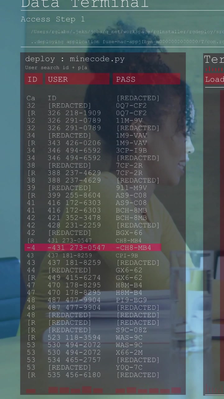 Vertical video: Woman sitting at table, terminal overlay appearing, filtering user IDs for security