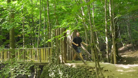 crossing the swinging bridge.