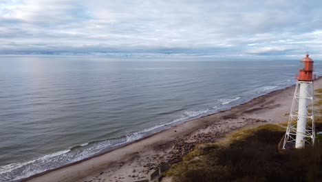 Luftaufnahme-Des-Weiß-Lackierten-Stahlleuchtturms-In-Pape,-Lettland-An-Der-Ostseeküste-Bei-Bewölktem-Tag,-Weitwinkelaufnahme-Der-Drohne,-Die-Sich-Rückwärts-Bewegt