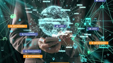 animation of social media text on banners with digital icons over globe and sman with smartphone