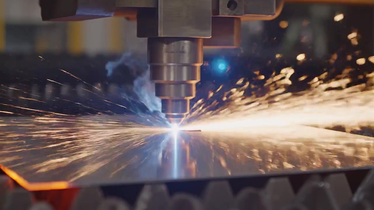 Macchina industriale da taglio laser CNC con scintille luminose