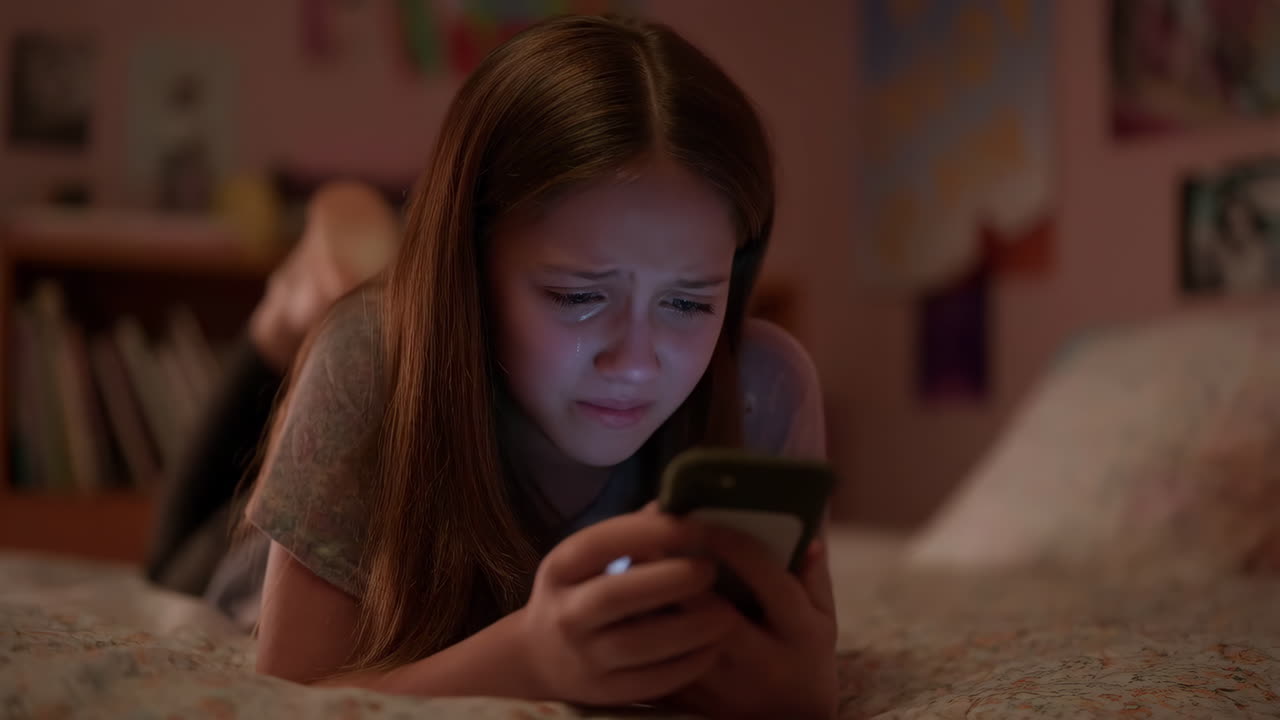 Upset Young Girl Crying While Looking at Smartphone in Bed