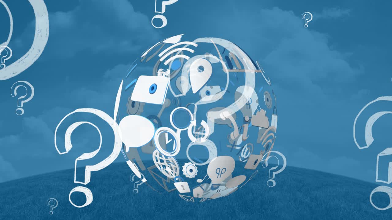 물음표, 디지털 아이콘 및 파란색 배경에 회전하는 지구의 애니메이션