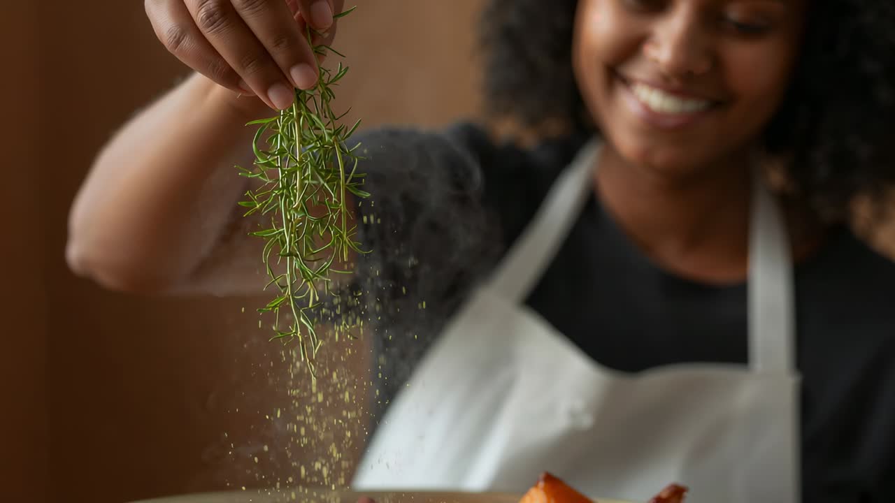Rosmarino abbassato, donna con grembiule bianco che aggiunge aroma a una pietanza in cucina mentre il vapore solleva le goccioline