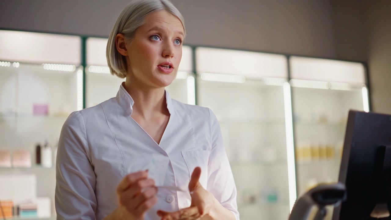 Pharmacy staff reviewing prescriptions at cashier explaining to client closeup