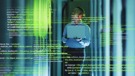animation of data processing over african american male engineer using laptop at server room