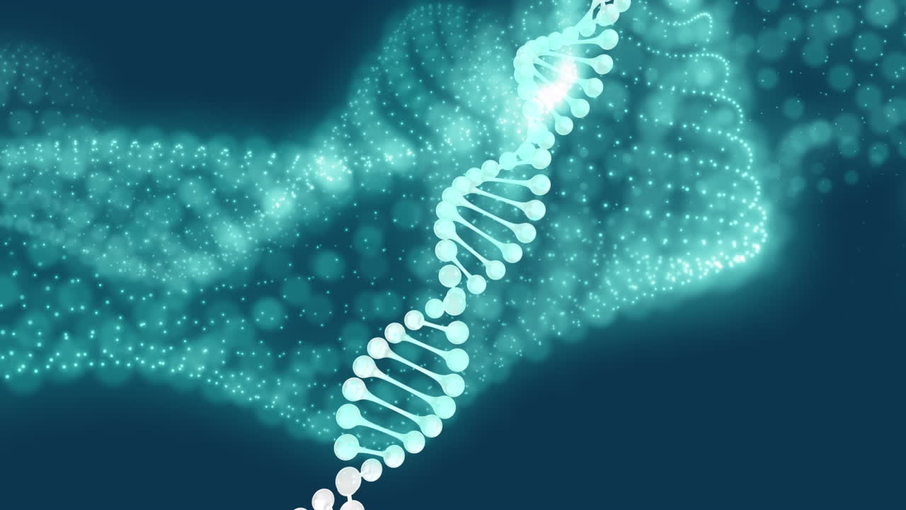 Animazione digitale di una struttura del DNA in rotazione su onda digitale su sfondo verde.