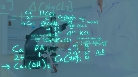 Animation-of-scientific-data-processing-over-caucasian-female-scientist-in-laboratory