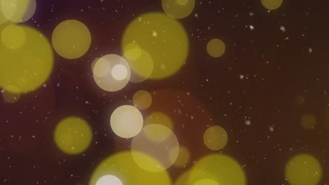 Animation-Von-Schnee,-Der-über-Defokussierte,-Blinkende-Gelbe-Weihnachtslichter-Fällt