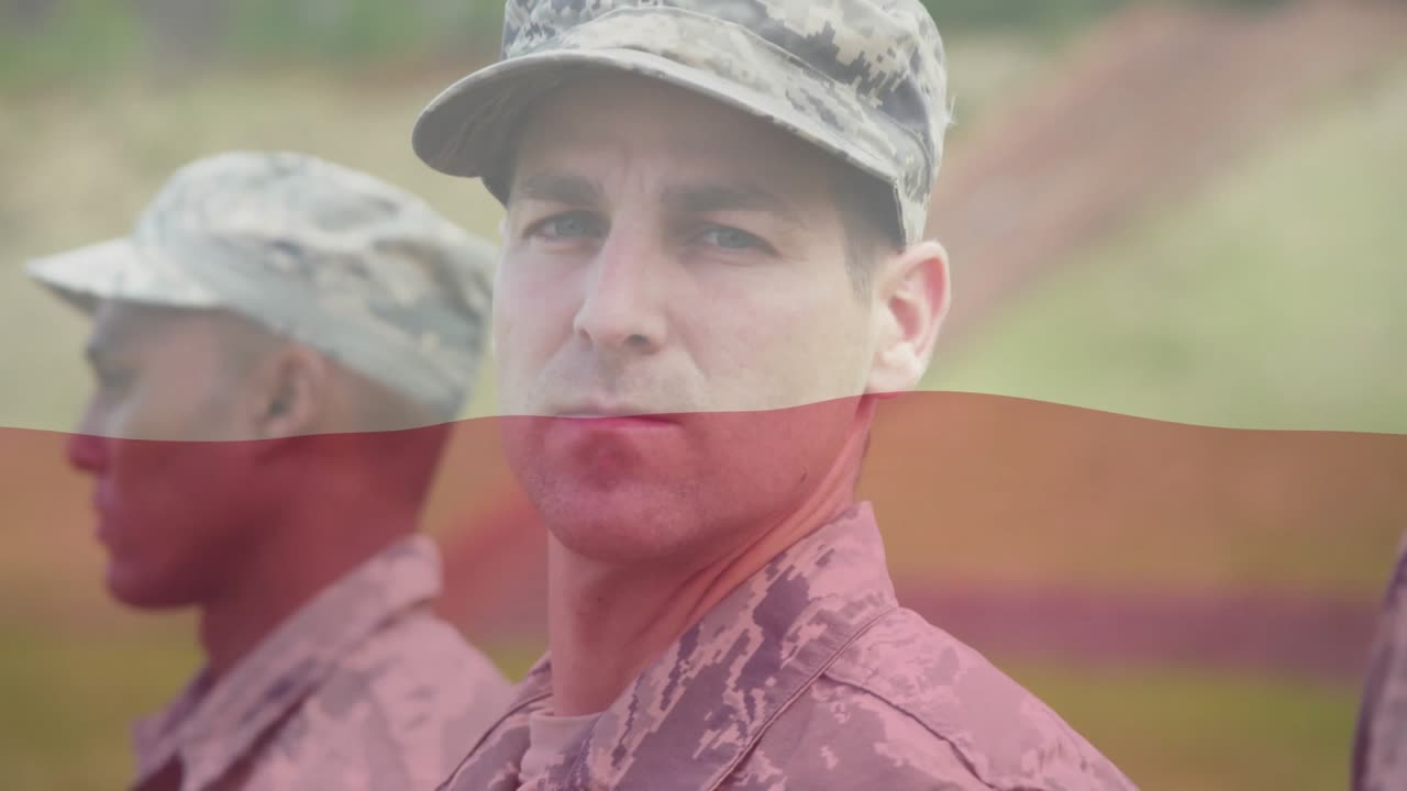 Flag overlay sweeping over military formation sparking camera zooming on soldier gazing in ceremony