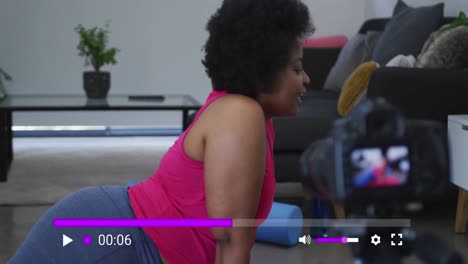 animación de la pantalla de las redes sociales sobre una mujer afroamericana haciendo un video blog y haciendo ejercicio