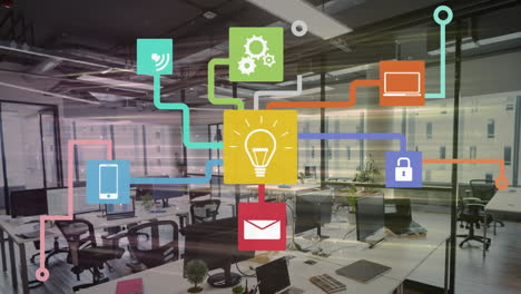 animación de una red de iconos digitales sobre senderos de luz contra una oficina vacía