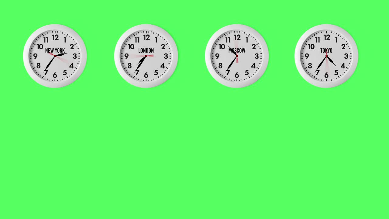 беспрепятственная циклическая анимация с четырьмя часами часовых поясов, показывающими разное время в лондоне, токио, нью-йорке и москве. зеленый экран или фон клавиши хромы с пространством для копирования