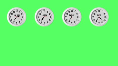 seamless looping animation with four timezone clocks showing different time in london, tokyo, new york and moscow. green screen or chroma key background with copy space