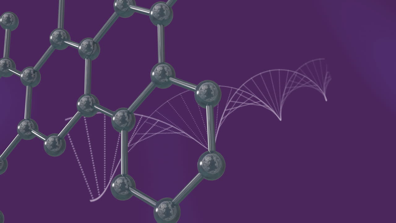 animación de moléculas flotantes sobre cadenas de adn en fondo púrpura