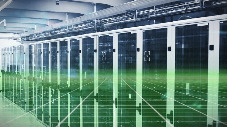 Animation of green digital space and lights over servers