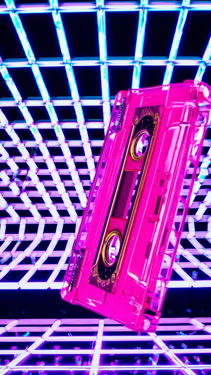 A vibrant, retro-futuristic video concept with a low-angle shot of a pink cassette against a grid