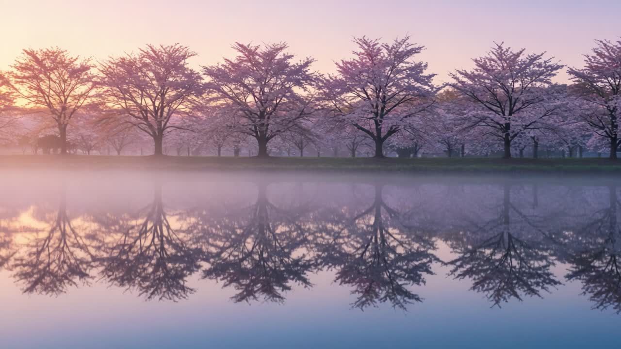 Serene Cherry Blossom Reflections at Dawn: A Tranquil Scene of Nature's Beauty with Mist and Vibrant Colors Captured by a Peaceful Lake