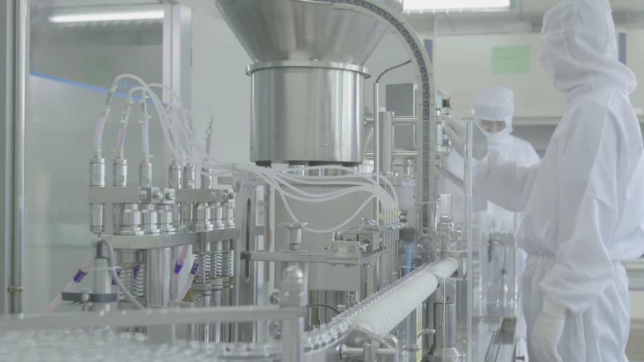 Workers in full lab coat protective gear working on Pharmaceutical Production Line in Cleanroom Filling vials with Medication
