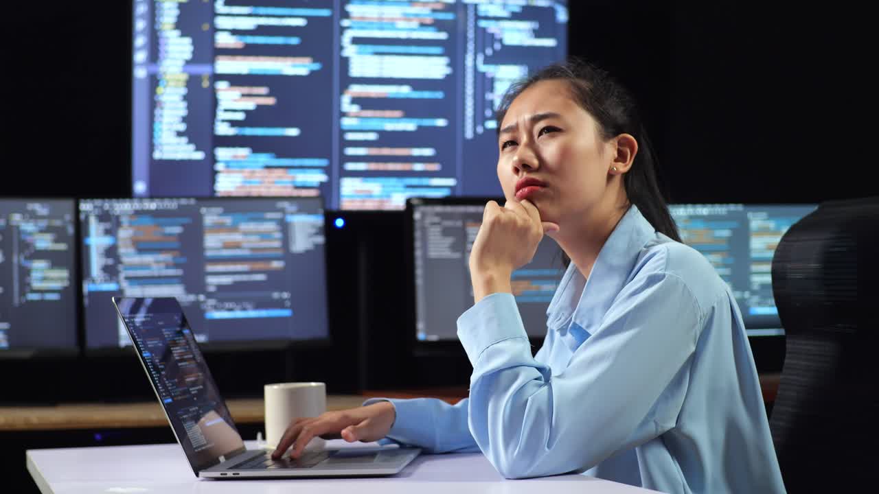 Side View Of Asian Female Programmer Thinking About Something And Raising His Index Finger While Writing Code By A Laptop Using Multiple Monitors Showing Database On Desktops In The Office
