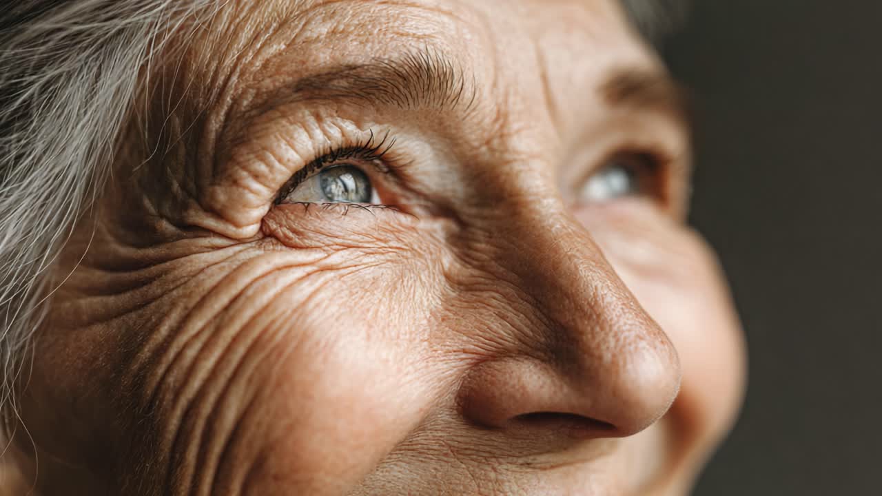 Aging Gracefully: Close-Up Portrait Capturing the Expressive Wrinkles and Bright Eyes of an Elderly Woman, Highlighting the Beauty and Depth of Life's Journey