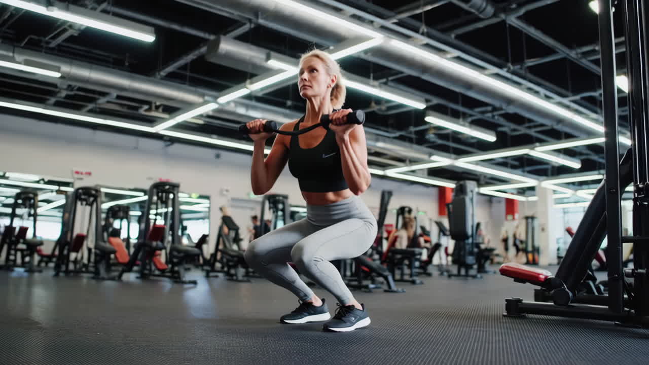 Donna che esegue squat con i pesi in una palestra moderna