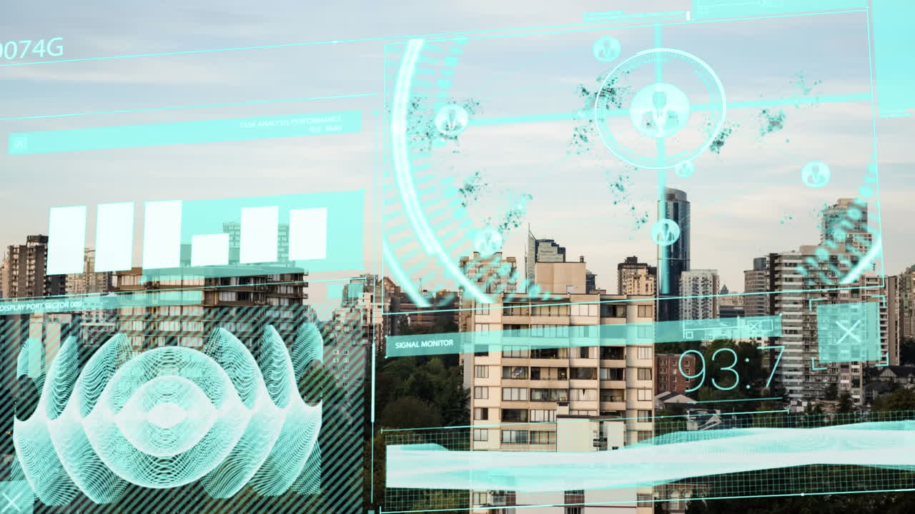 그래프, 파동 패턴, 프로필 아이콘과 도시 풍경 위의 숫자 주변의 원의 애니메이션