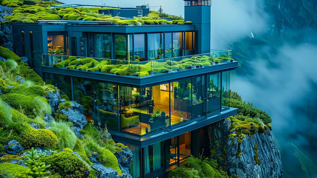 Cliffside home in nature. A modern home atop a cliff, surrounded by greenery and glass walls that showcase stunning mountain views