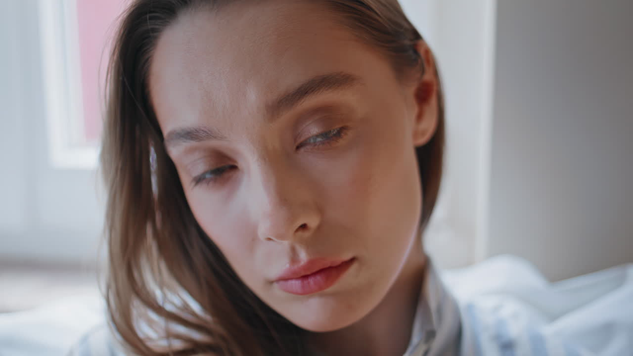 model posing bedroom showing gentle natural beauty closeup. Calm woman