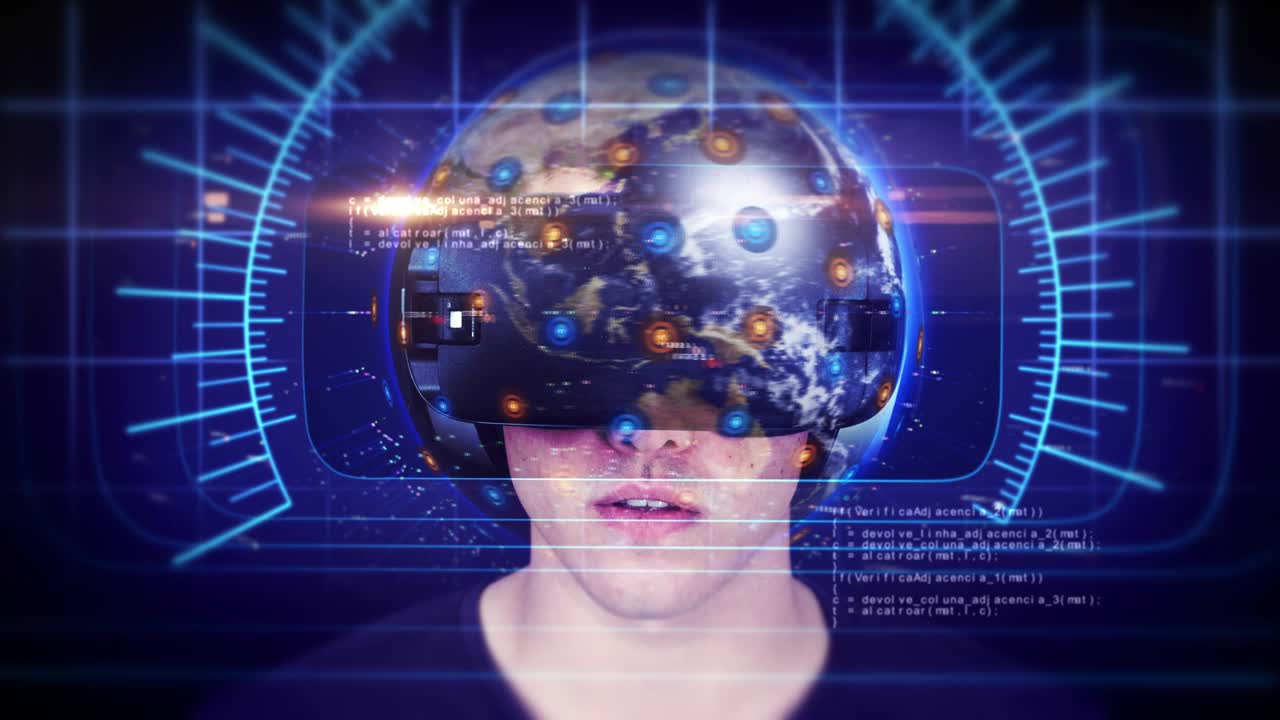 un joven guapo con auriculares vr y experimentando la realidad virtual.