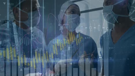Animation-of-statistical-data-processing-over-team-of-surgeons-performing-operation-at-hospital