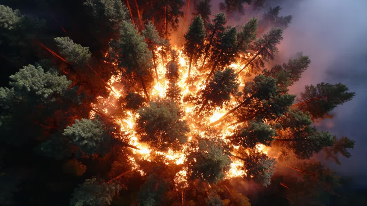 Intense Wildfire Engulfs Forest, Captured From Above as Flames Spread Among Tall Pines in a Powerful Display of Nature's Fury and Destruction