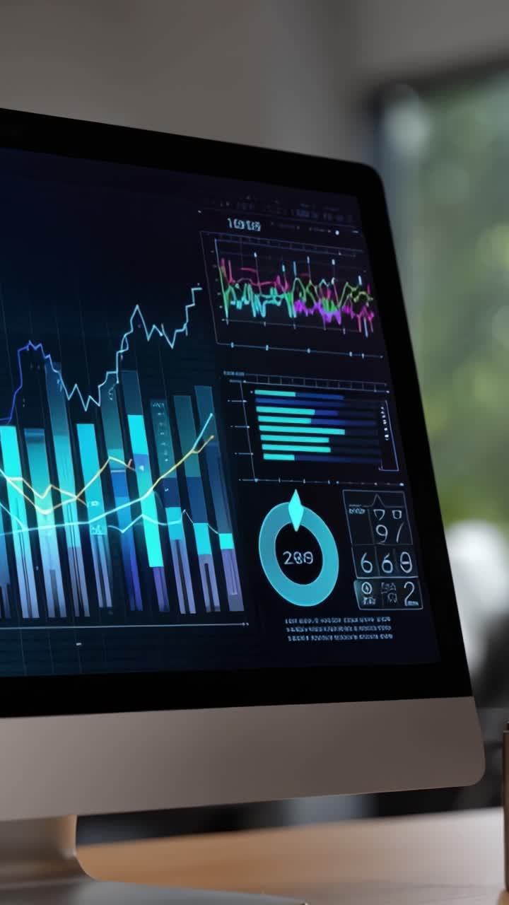 Dynamisk datavisualisering og analyse vises på en dataskjerm, og viser grafer, diagrammer og statistikk for omfattende forretningsanalyse.