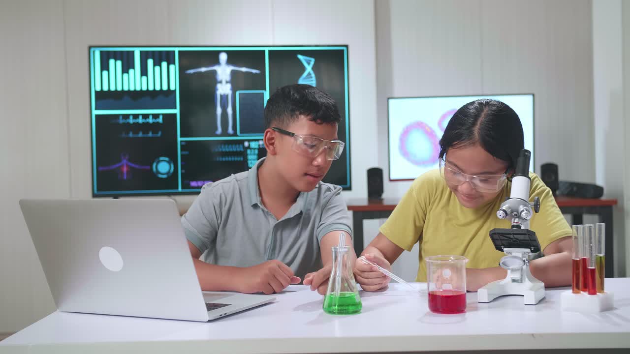 Young Asian Boy And Girl Learning Science Experiment In Laboratory At Classroom. Study With Scientific Equipment And A Microscope