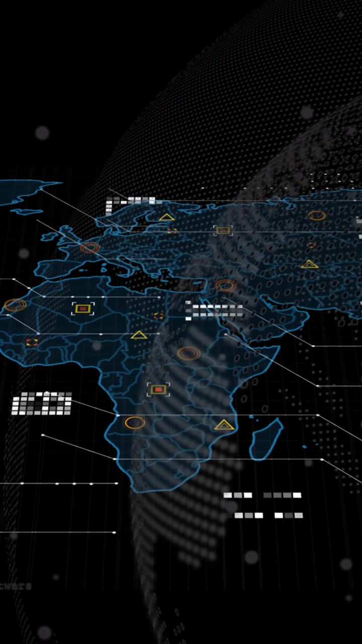 Animation of world map and icons over black background