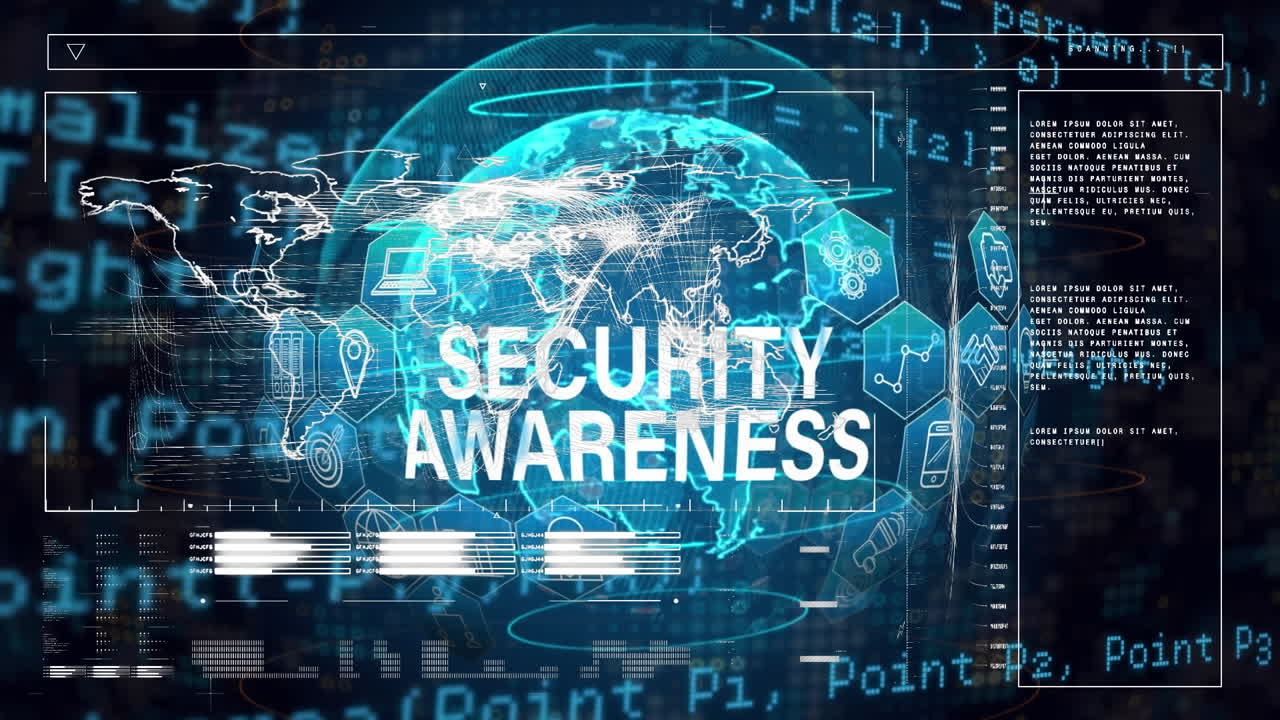 Animation of computer language over loading bars, map security awareness text, icons on globe