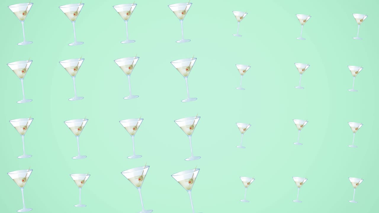 파란색 배경 위에 여러 음료의 애니메이션