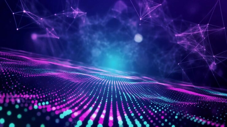 Onda digitale astratta di particelle luminose e connessioni di rete