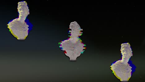 animación de esculturas de cabezas con interferencia en movimiento sobre fondo negro.