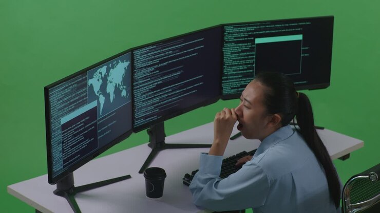 Set fra siden: Træt asiatisk kvindelig udvikler gaber før hun skal sove, mens hun koder med flere computerskærme i et green screen-studie.