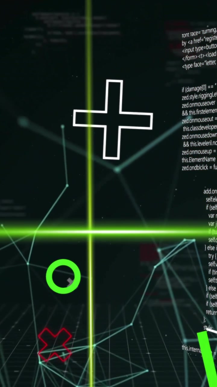 Animation of rotating shapes and yellow scanner beams over networks and data processing on black