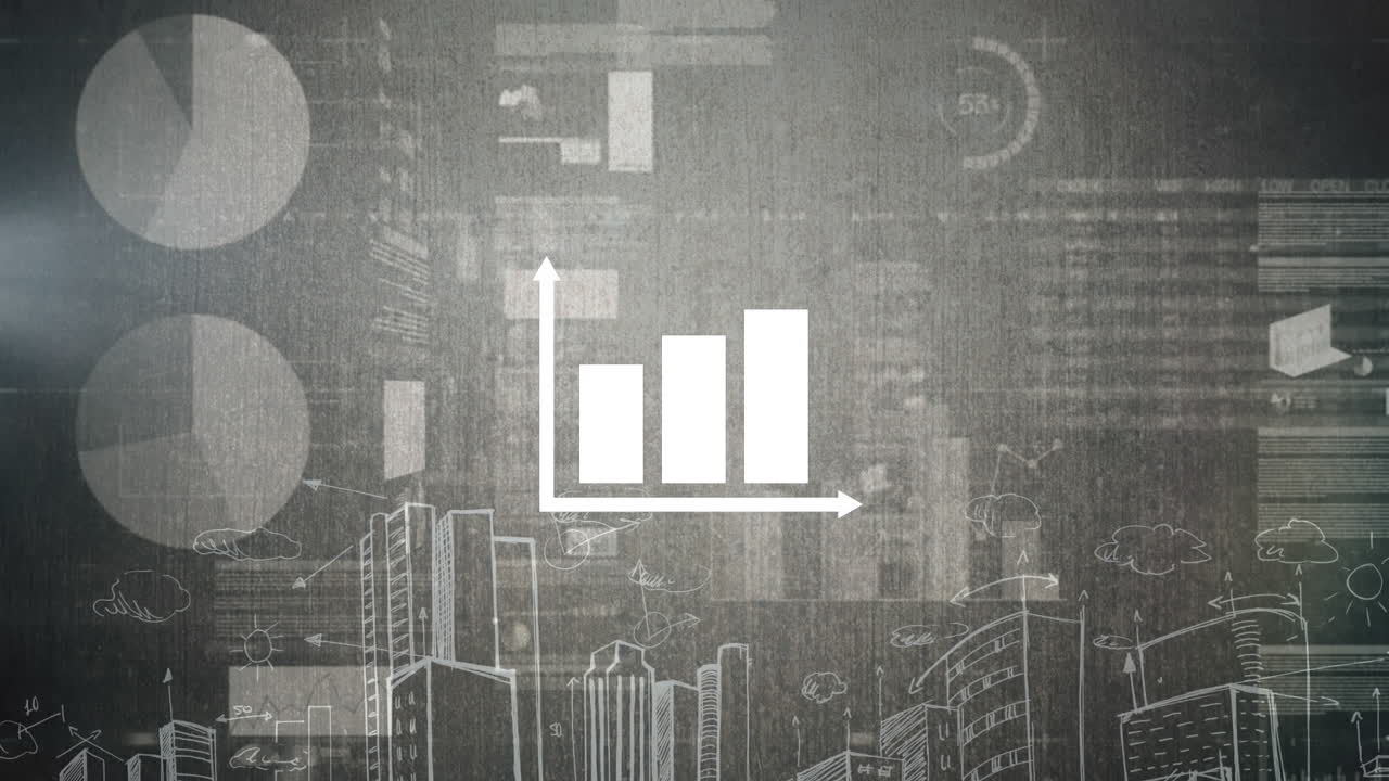 animación del procesamiento de datos estadísticos sobre el paisaje urbano