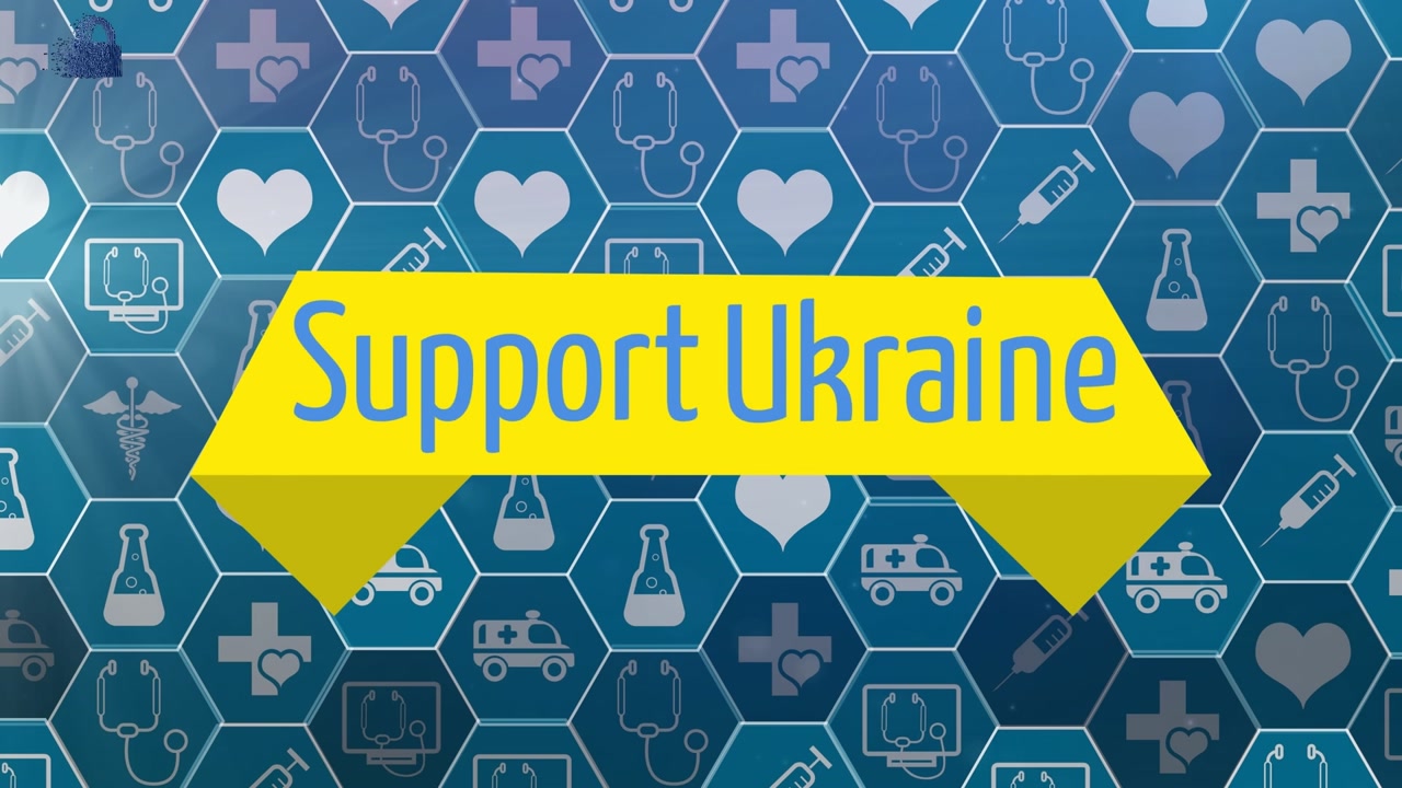 Animation of support ukraine over icons in blue hexagons