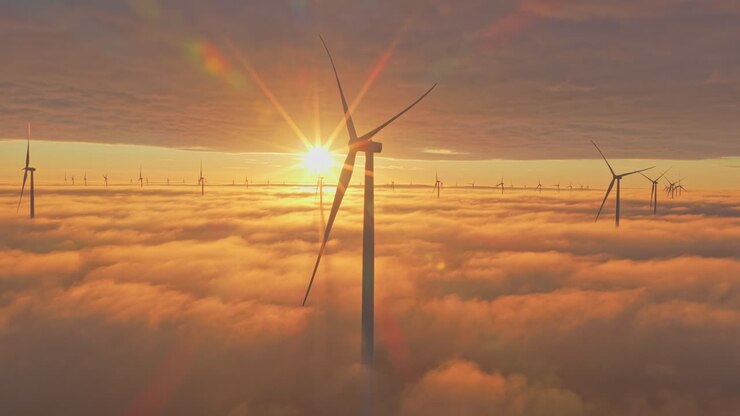 Offshore-Windkraftanlagen am Afsluitdijk unter tiefhängenden Wolken bei Sonnenaufgang