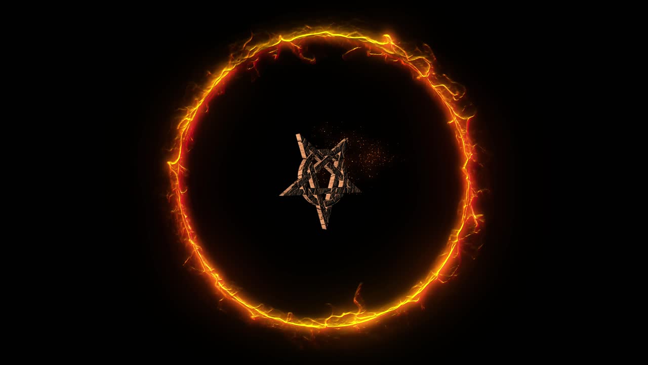 símbolo místico del pentagrama esotérico de piedra rota girando dentro del anillo de fuego ardiente sobre fondo negro