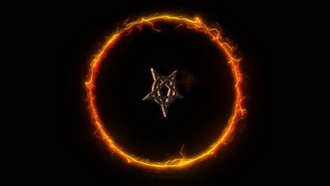 mystic symbol of cracked stone esoteric pentagram rotating within ring of blazing fire on black background