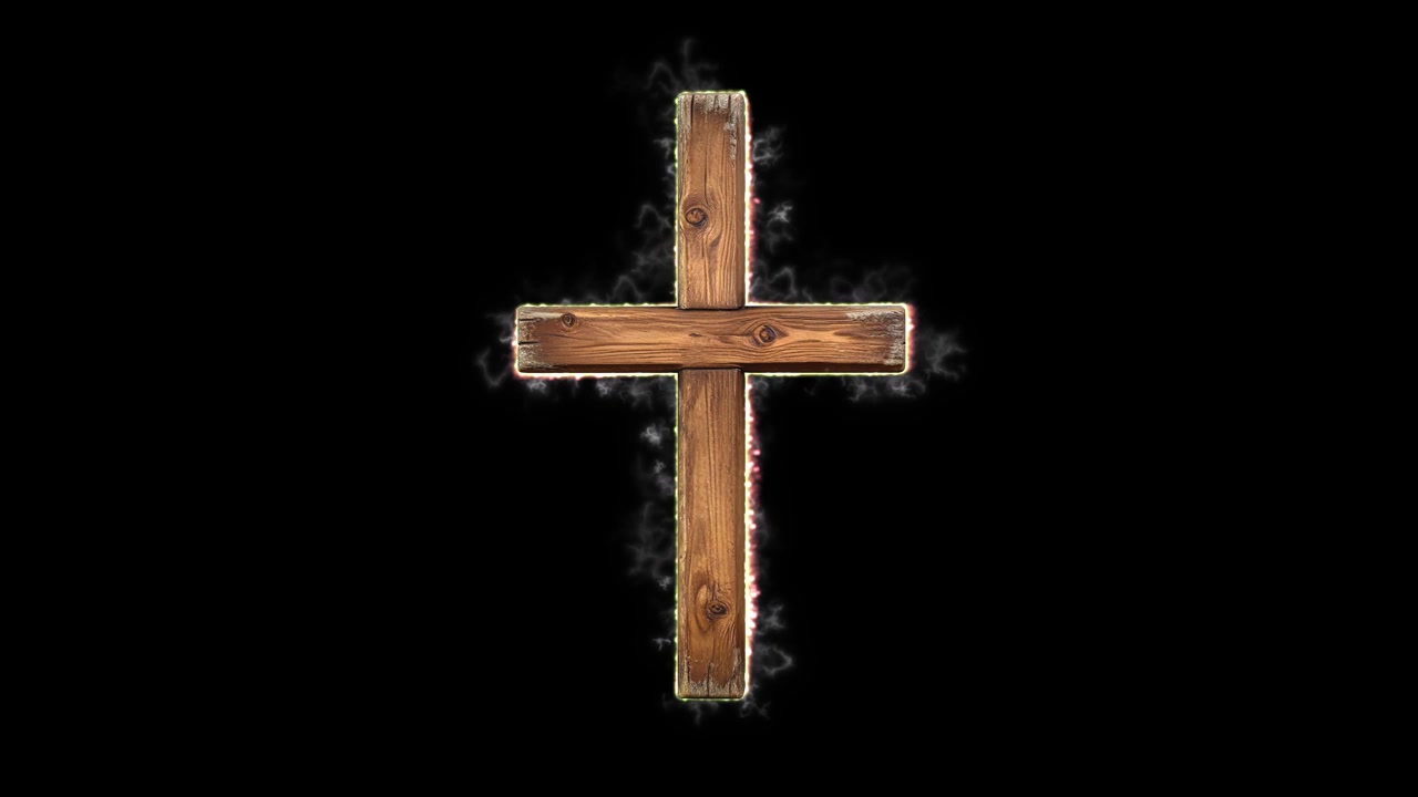 Design dettagliato di una croce cristiana in legno invecchiato 3D 03, con venature del legno invecchiate, bordi consumati, texture rustica e un sottile effetto fumo VFX che la circonda su sfondo nero. Cristianesimo, fede, religione