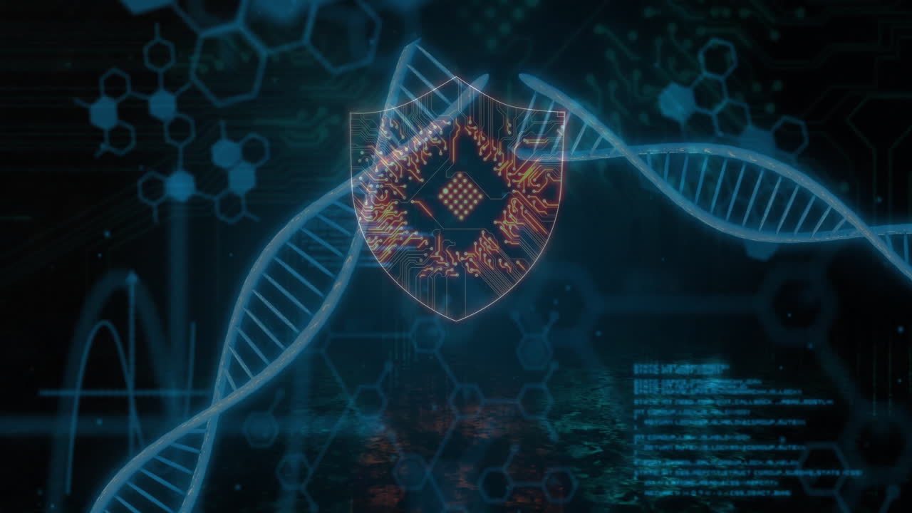 어두운 배경에 있는 dna 가닥 위에 과학적 데이터 처리의 애니메이션
