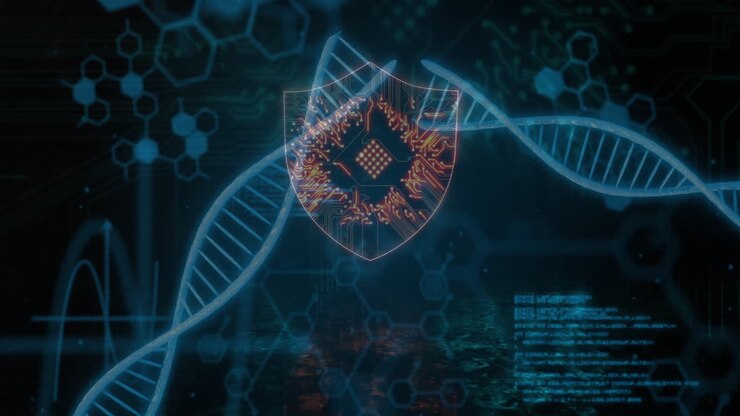 Animation of scientific data processing over dna strands on dark background