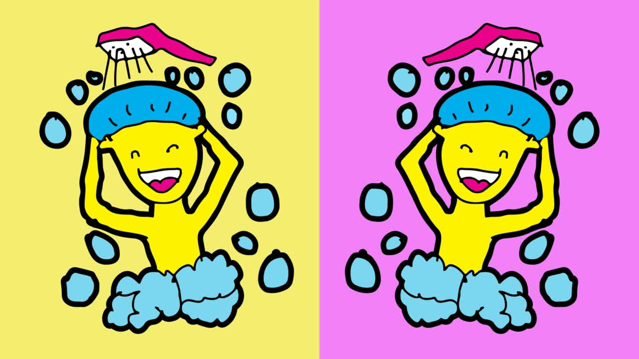 아이들이 팝 아트 그림을 그리고 있습니다. 사람들이 샤워를 하는 테마로 끔한 배경입니다.